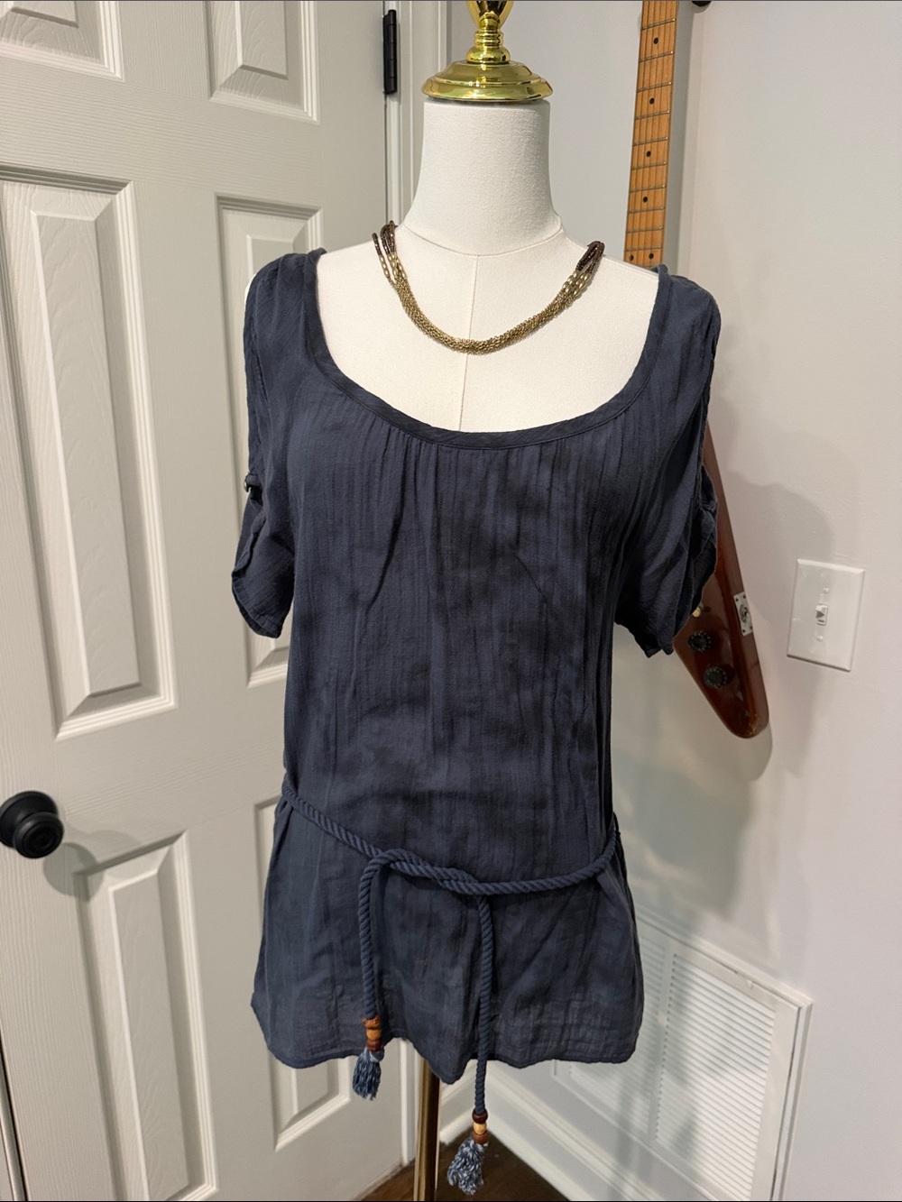 Roxy Navy Scoop-Neck Short Sleeve Tunic with Rope Belt